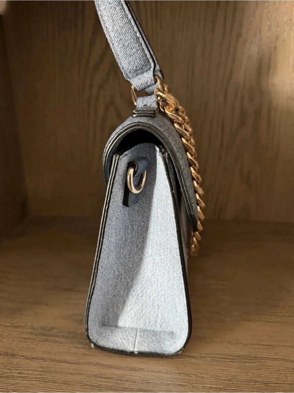 Aldo Blue Denim Structured Top-Handle Satchel with Gold Chain